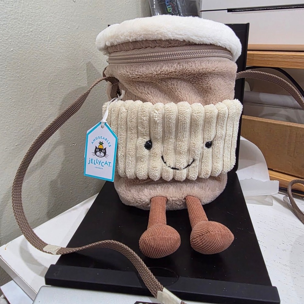 Jellycat Amuseables Coffee-To-Go Bag Plush Crossbody Purse NWT Tan Cream